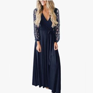 Elegant Navy Blue Lace Sleeve Maxi Dress Size XL Stunning!